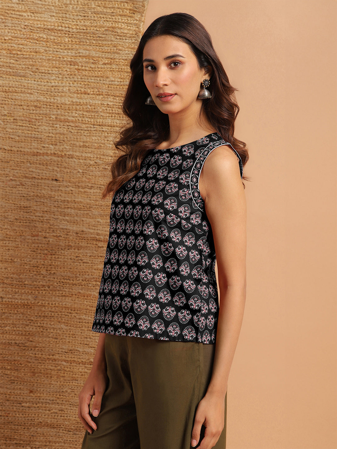 Janasya Dark Cotton Floral Regular Top | Grocsy