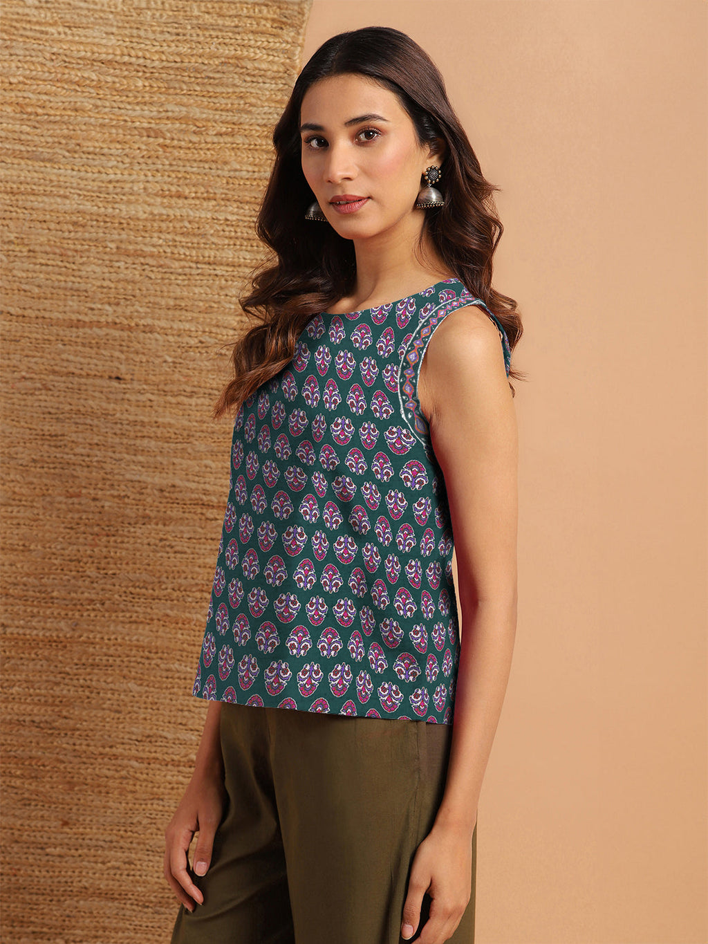 Janasya Dark Cotton Floral Regular Top | Grocsy