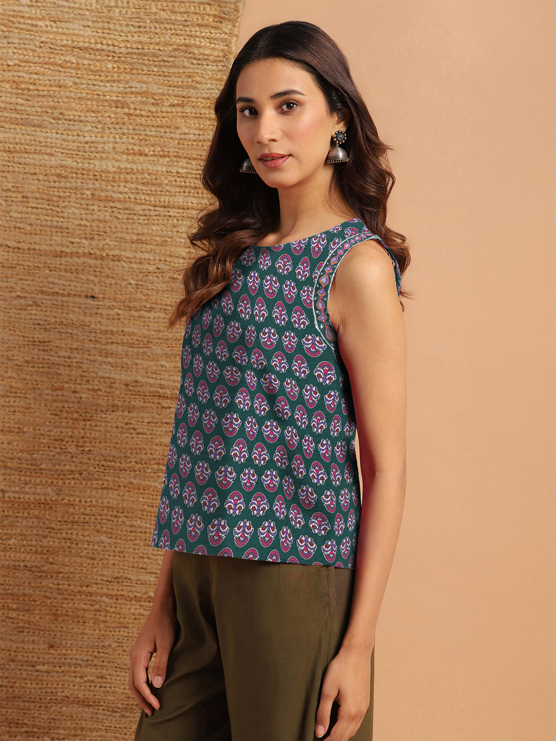 Janasya Dark Cotton Floral Regular Top | Grocsy