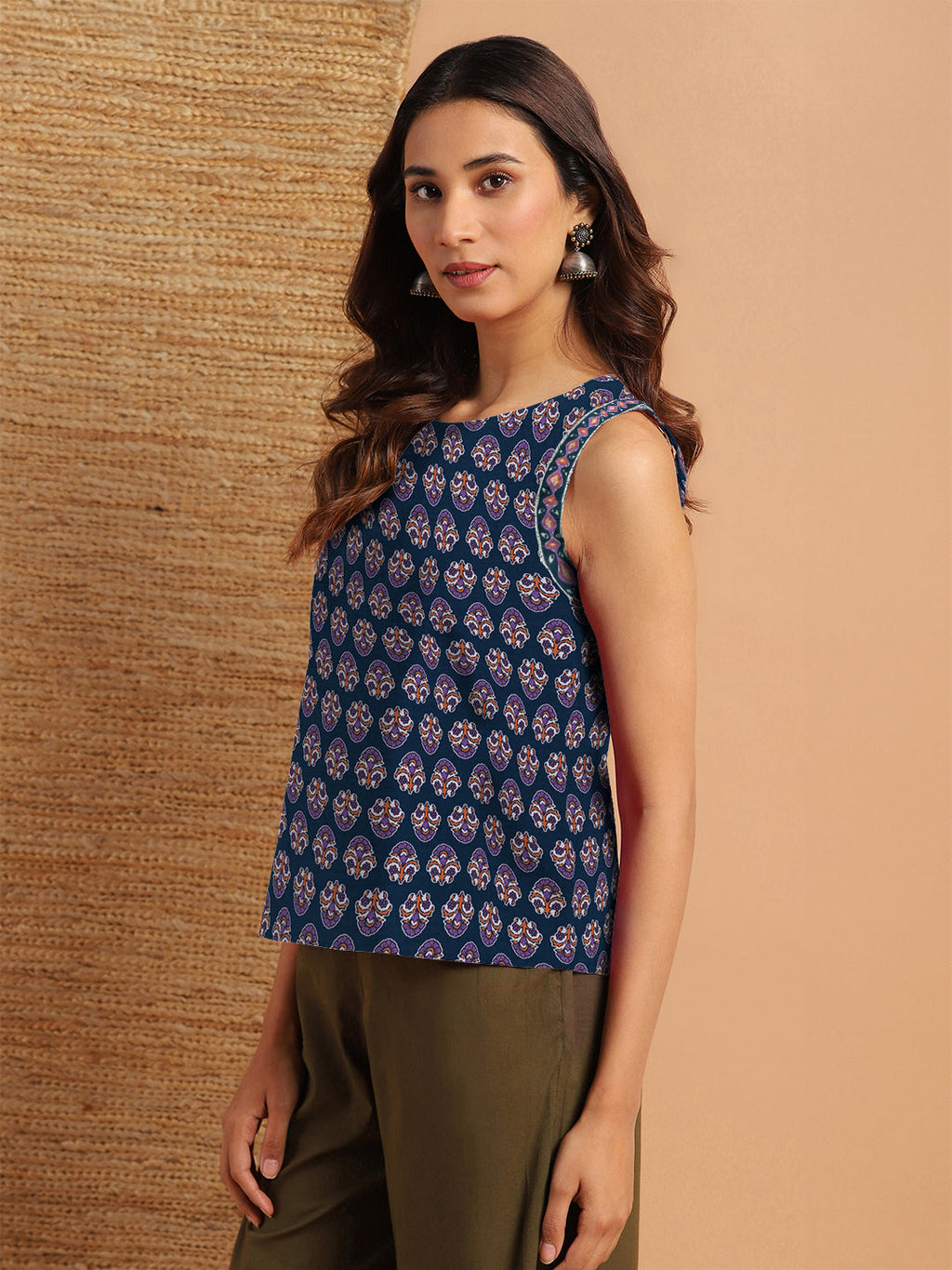 Janasya Dark Cotton Floral Straight Top | Grocsy