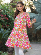 Janasya Bright Cotton Floral A-Line Tunic | Grocsy
