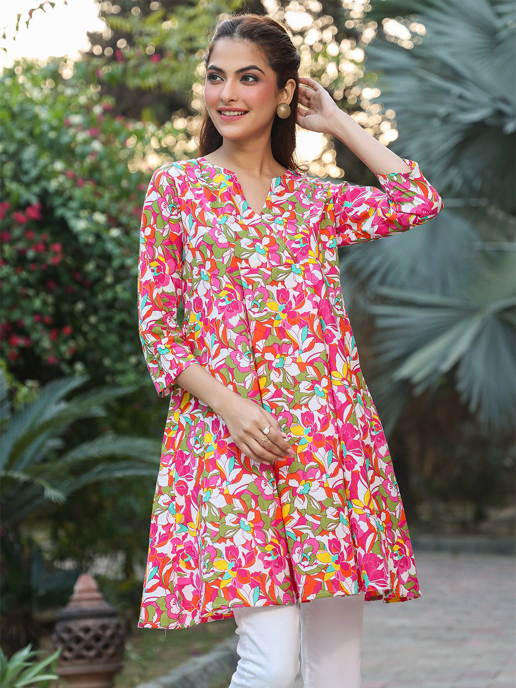 Janasya Bright Cotton Floral A-Line Tunic | Grocsy