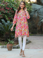 Janasya Bright Cotton Floral A-Line Tunic | Grocsy