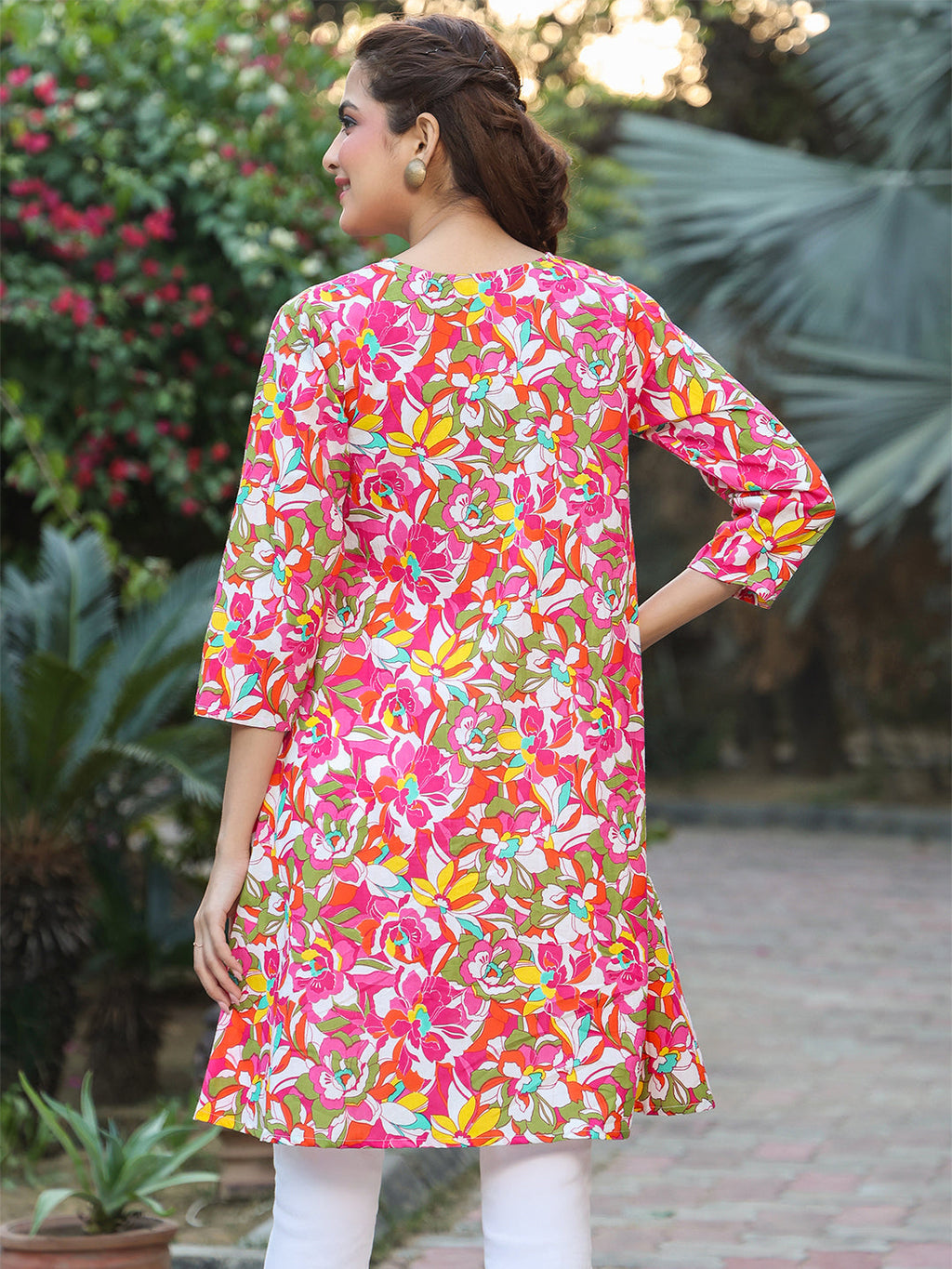 Janasya Bright Cotton Floral A-Line Tunic | Grocsy