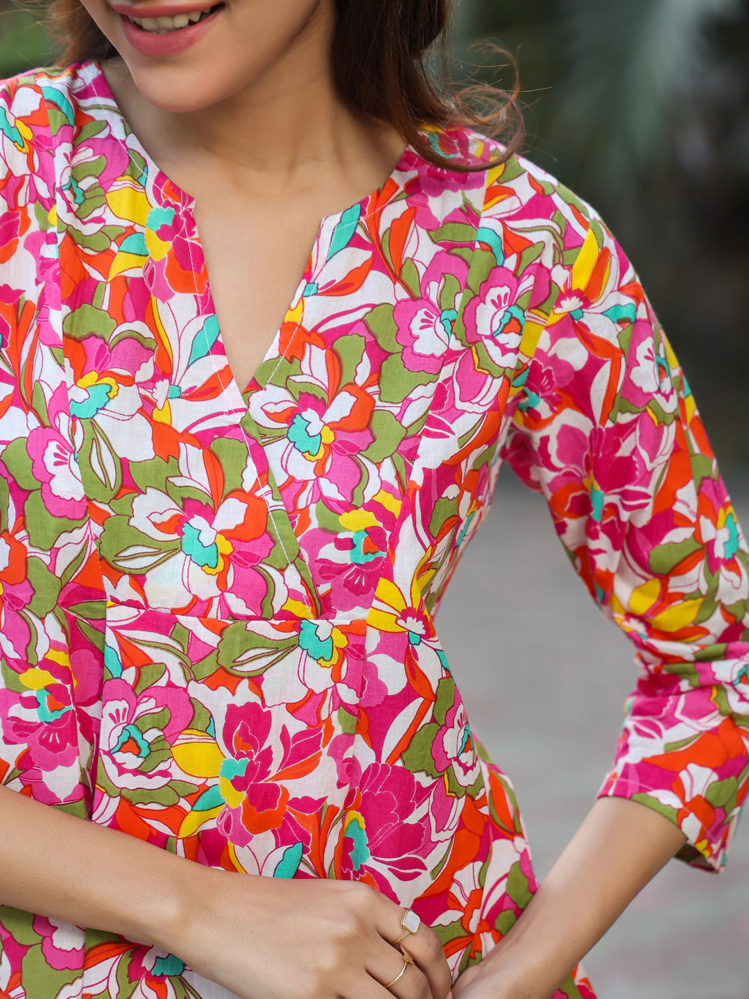 Janasya Bright Cotton Floral A-Line Tunic | Grocsy