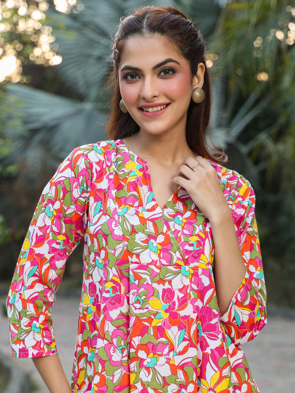 Janasya Bright Cotton Floral A-Line Tunic | Grocsy