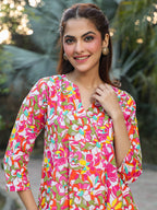 Janasya Bright Cotton Floral A-Line Tunic | Grocsy