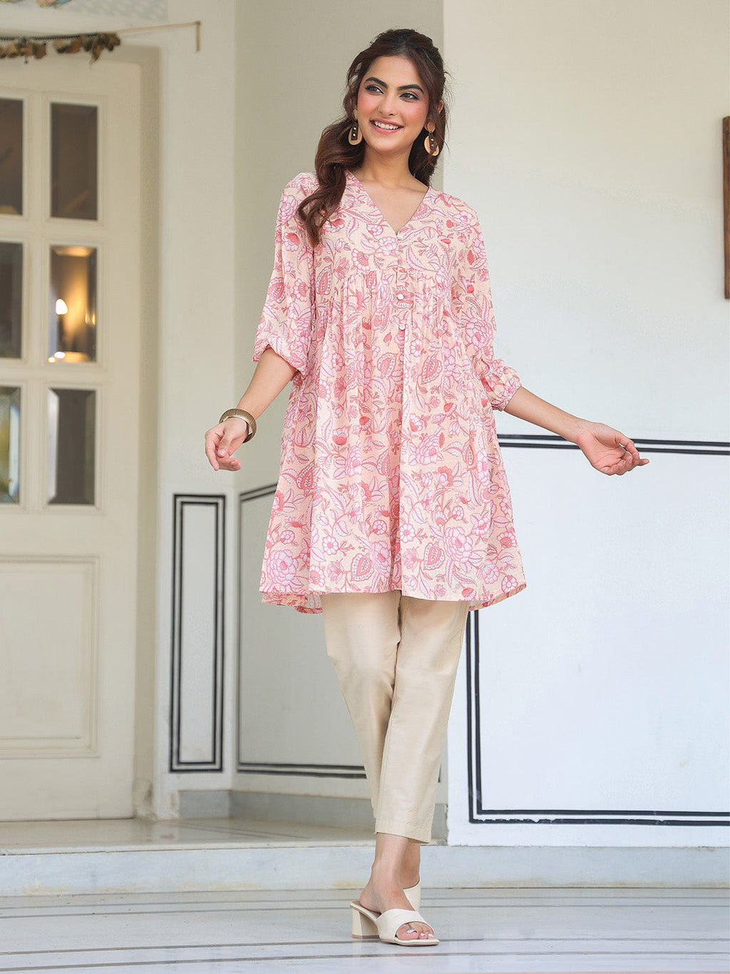 Janasya Light Georgette Floral Gathering Tunic | Grocsy