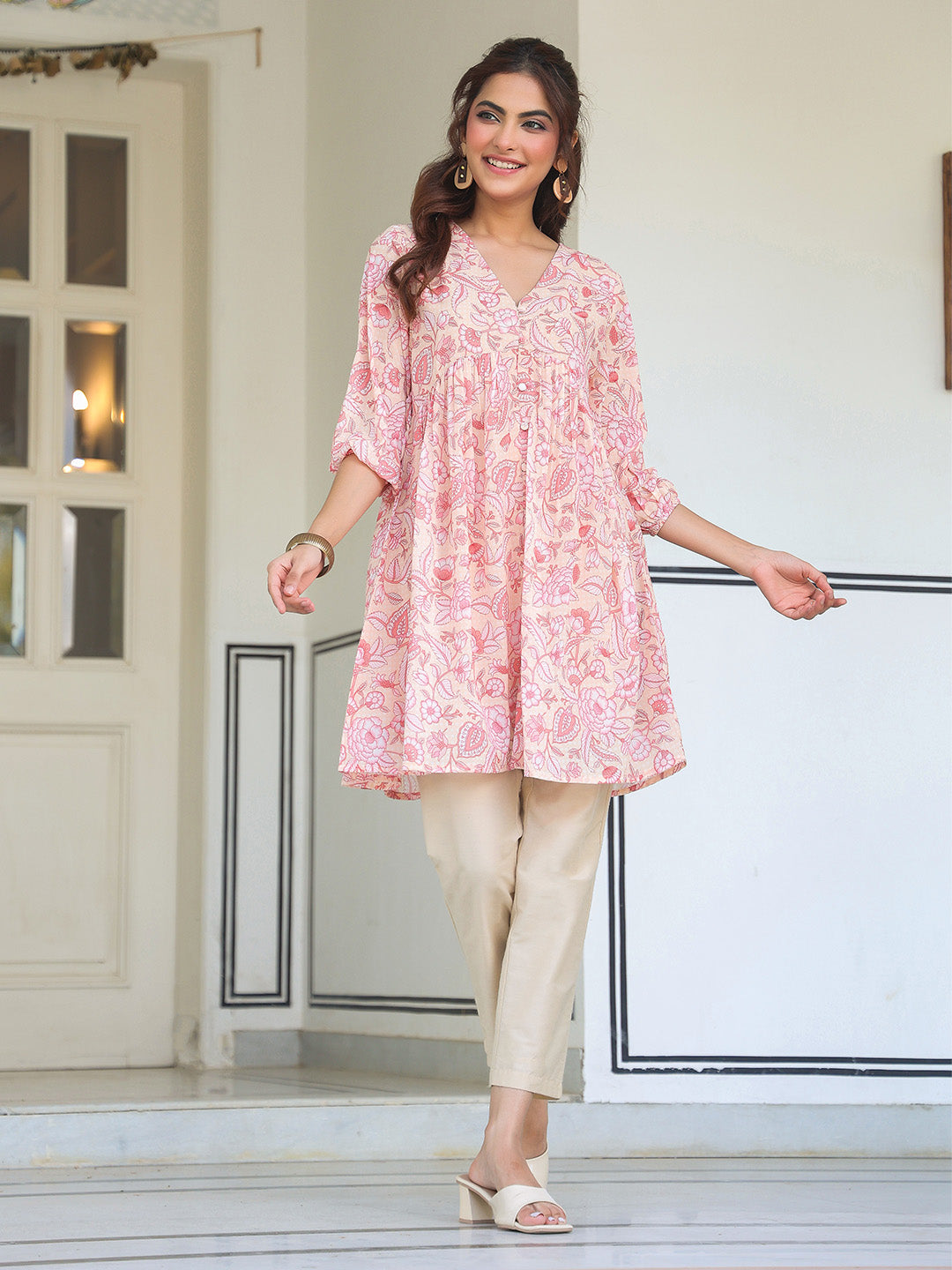 Janasya Light Georgette Floral Gathering Tunic | Grocsy