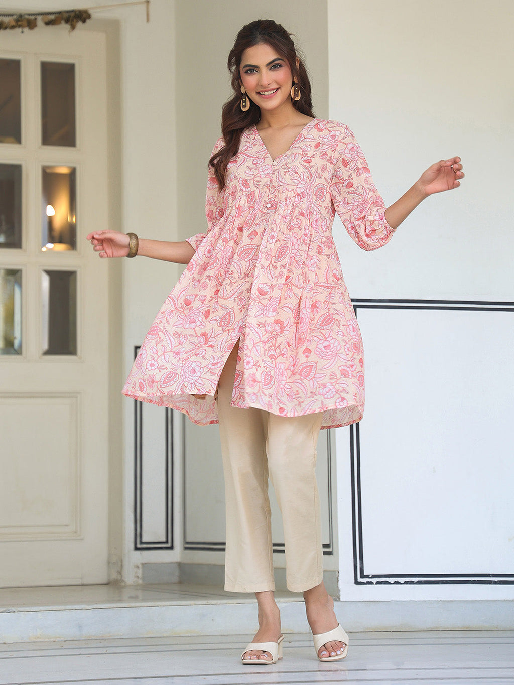 Janasya Light Georgette Floral Gathering Tunic | Grocsy