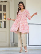 Janasya Light Georgette Floral Gathering Tunic | Grocsy