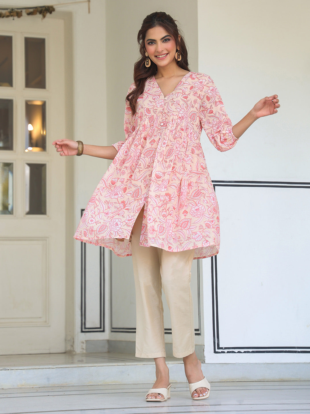 Janasya Light Georgette Floral Gathering Tunic | Grocsy