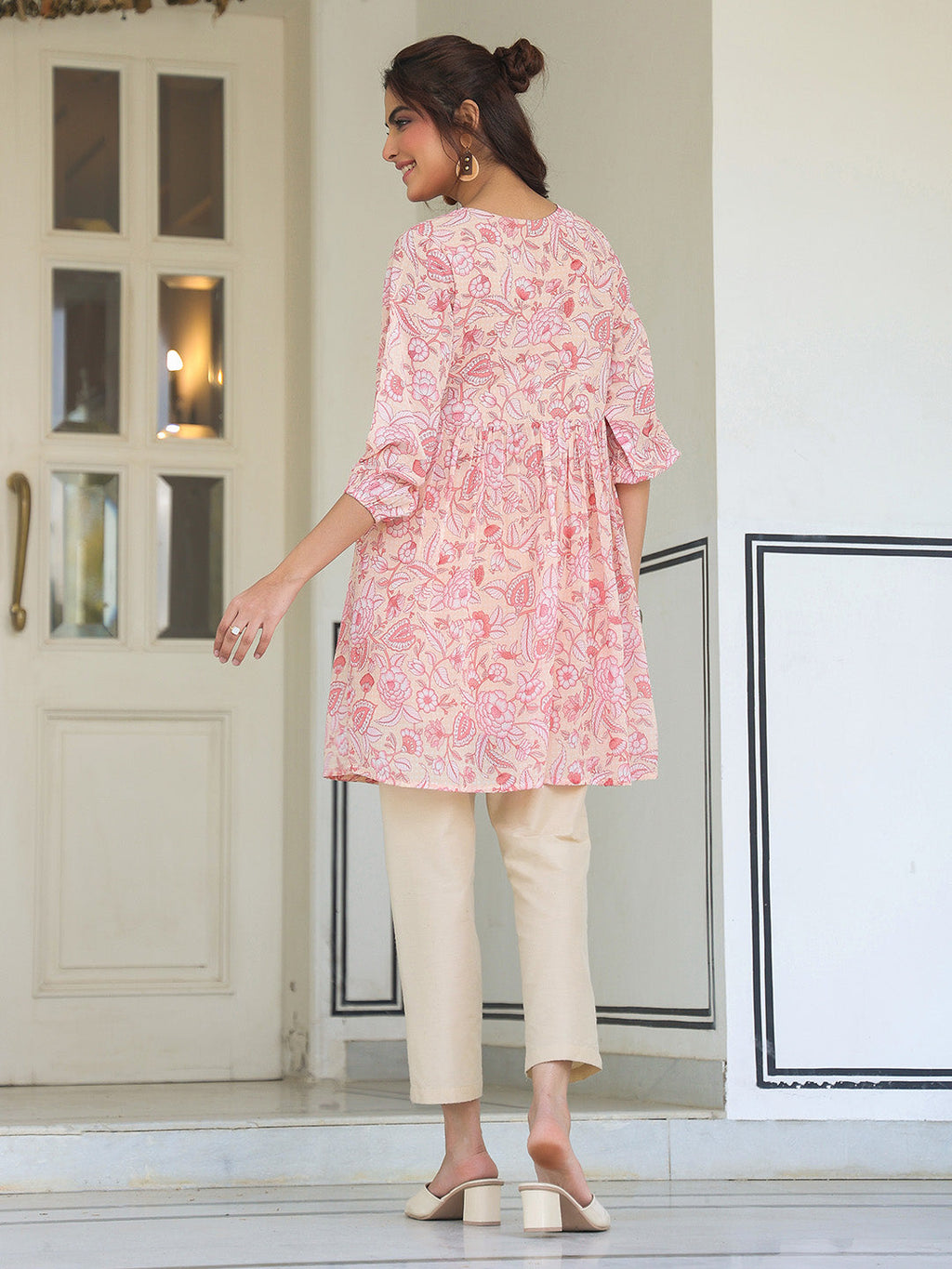 Janasya Light Georgette Floral Gathering Tunic | Grocsy