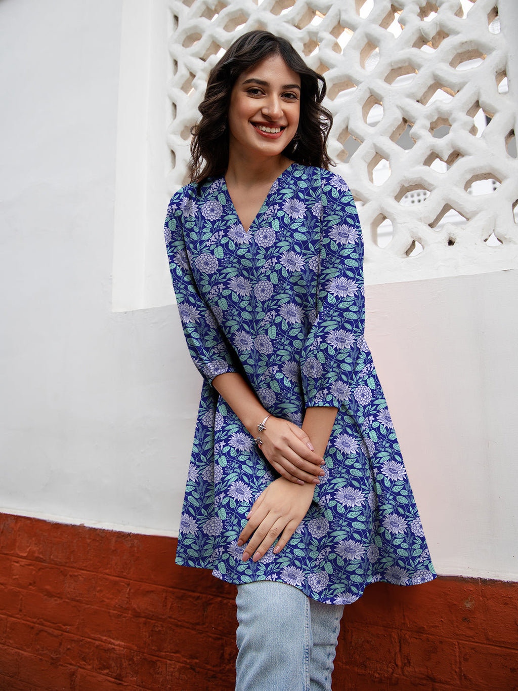 Janasya Dark Georgette Floral A-Line Tunic | Grocsy