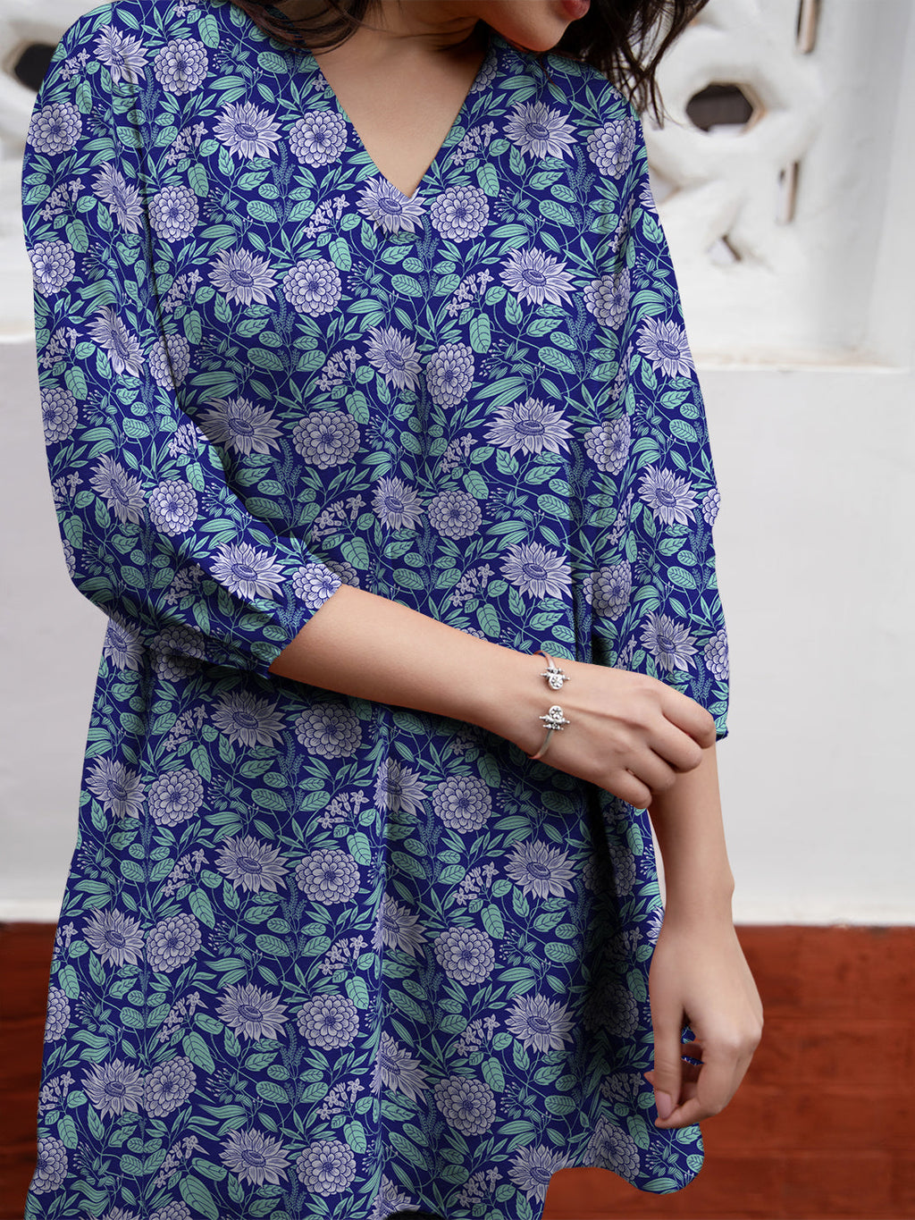 Janasya Dark Georgette Floral A-Line Tunic | Grocsy