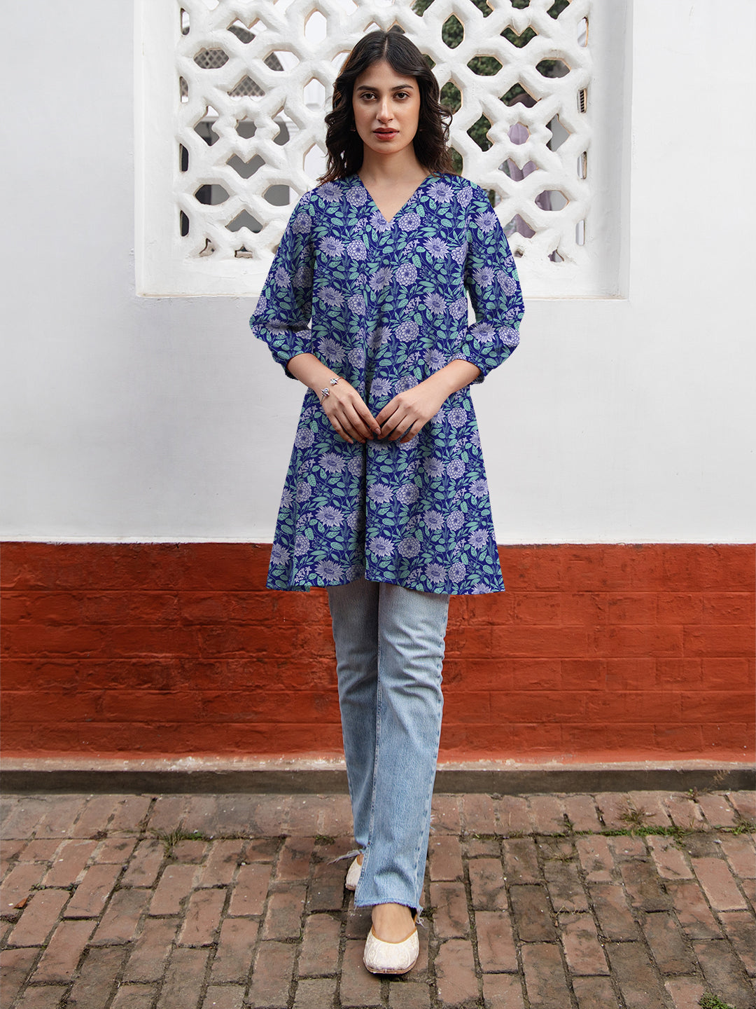 Janasya Dark Georgette Floral A-Line Tunic | Grocsy