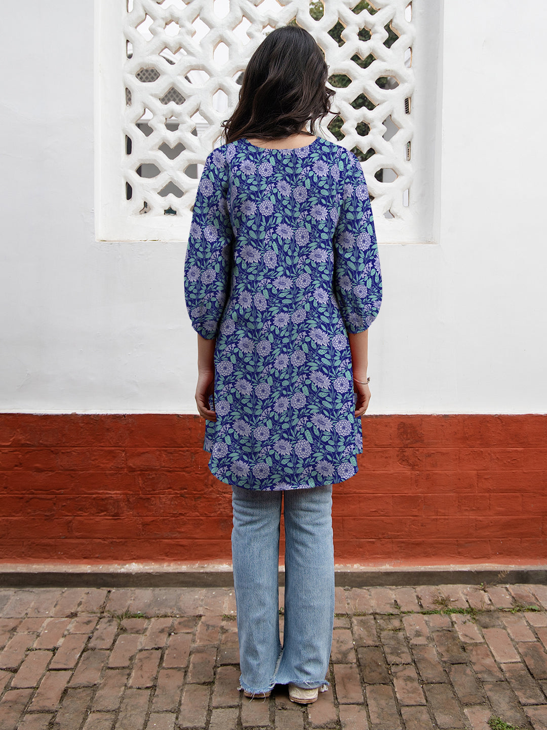 Janasya Dark Georgette Floral A-Line Tunic | Grocsy