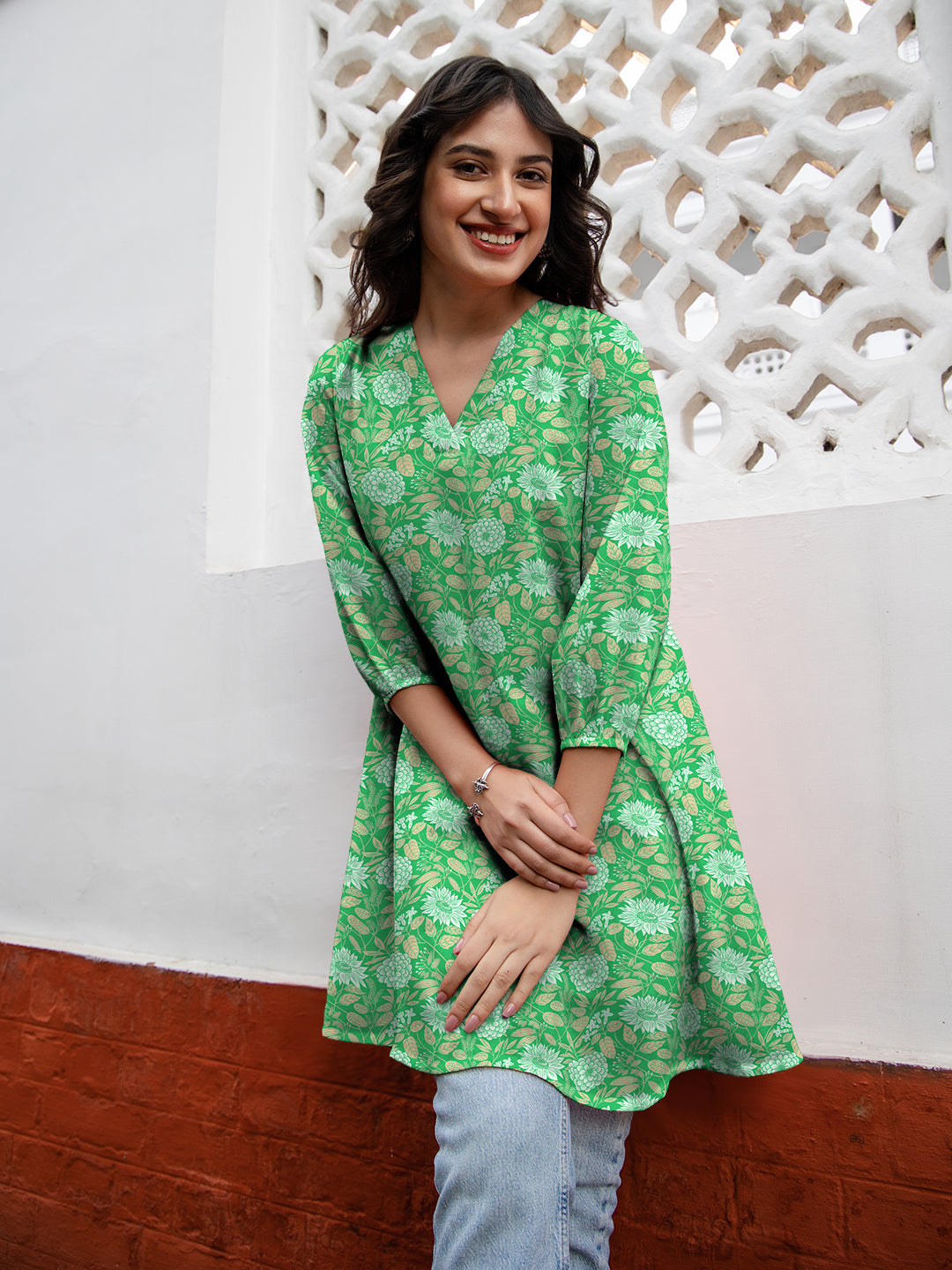 Janasya Dark Georgette Floral A-Line Tunic | Grocsy