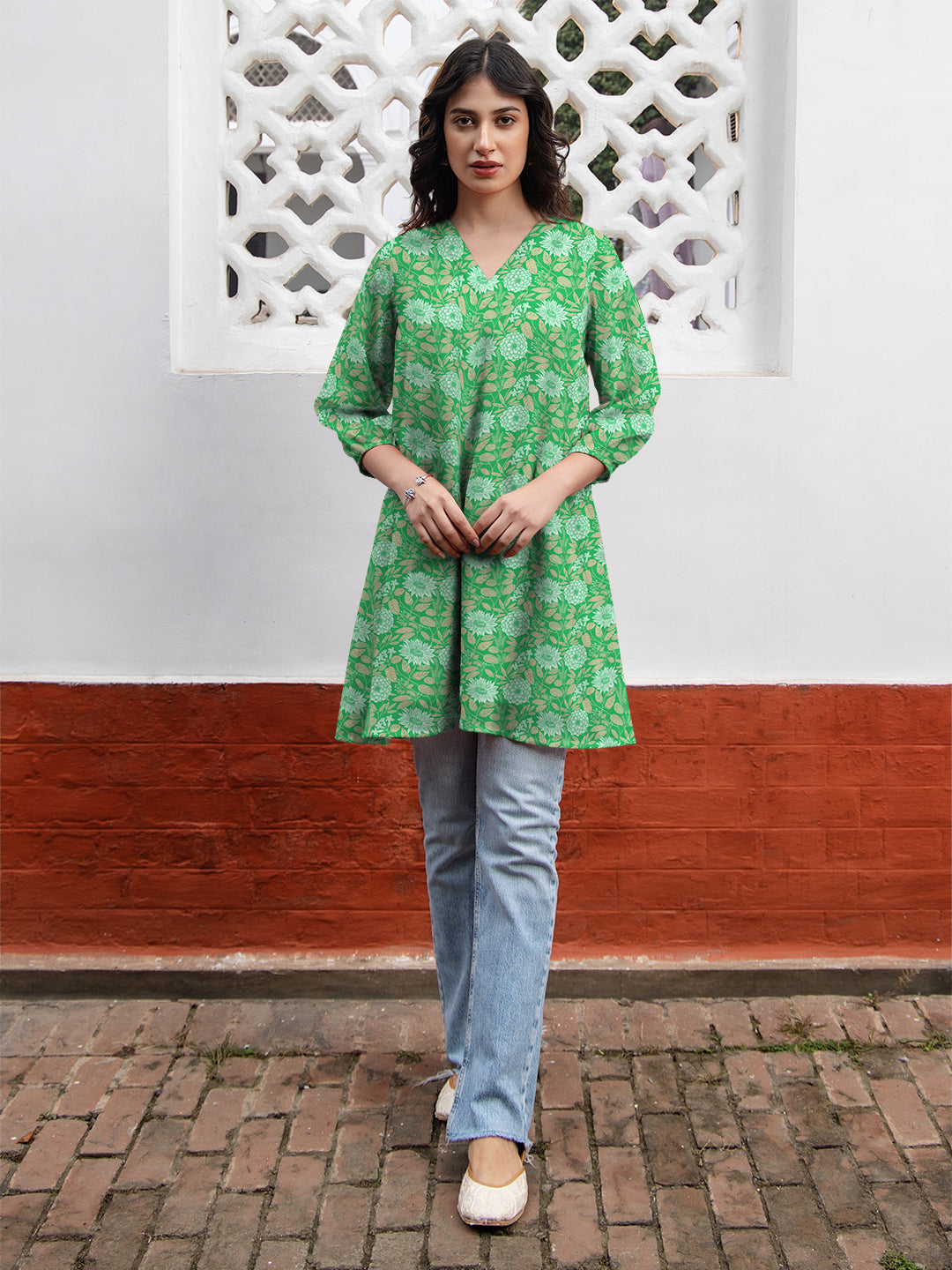Janasya Dark Georgette Floral A-Line Tunic | Grocsy