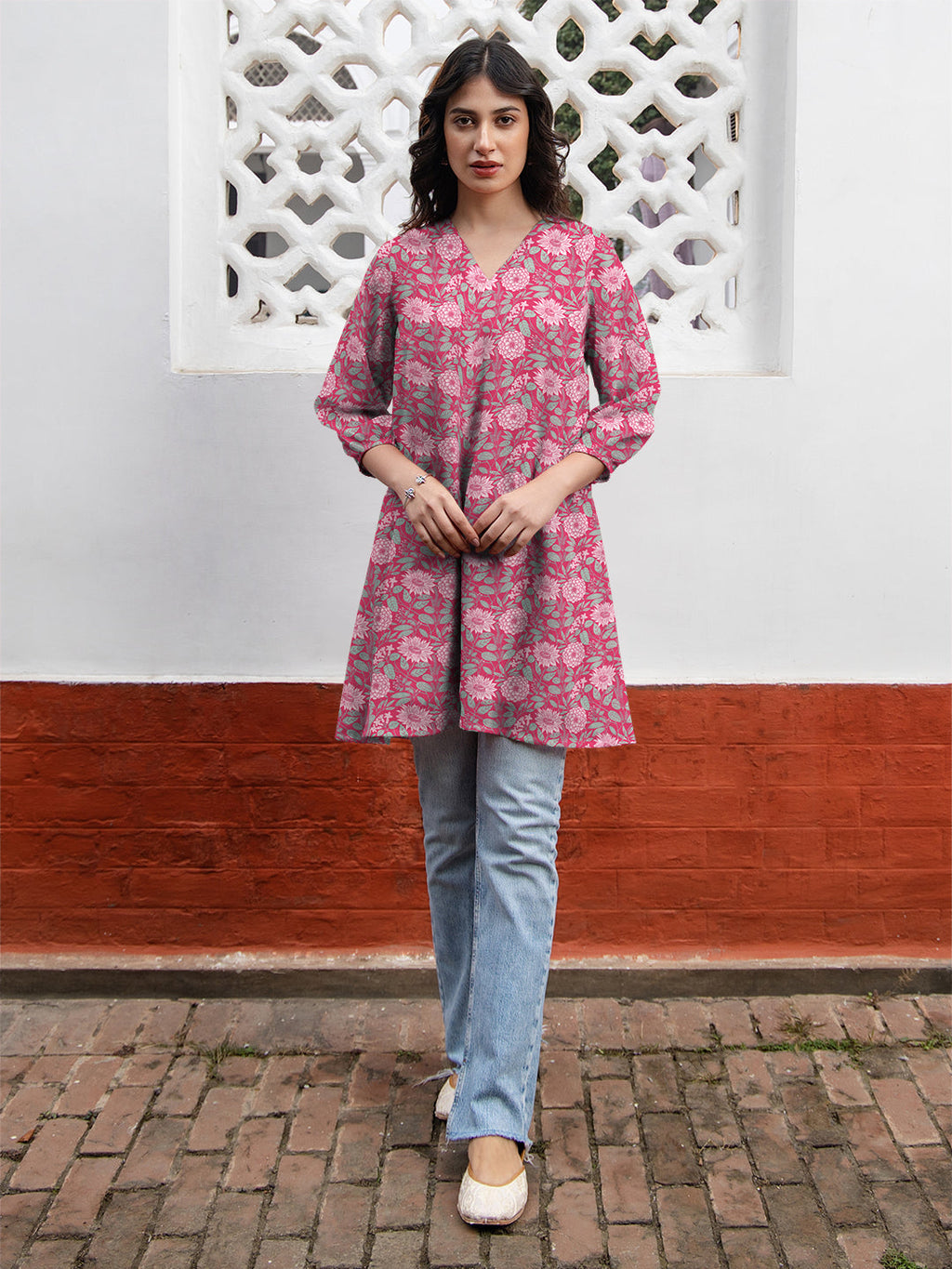 Janasya Dark Georgette Floral A-Line Tunic | Grocsy