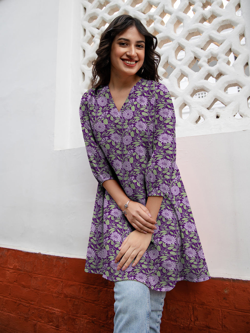 Janasya Dark Georgette Floral A-Line Tunic | Grocsy