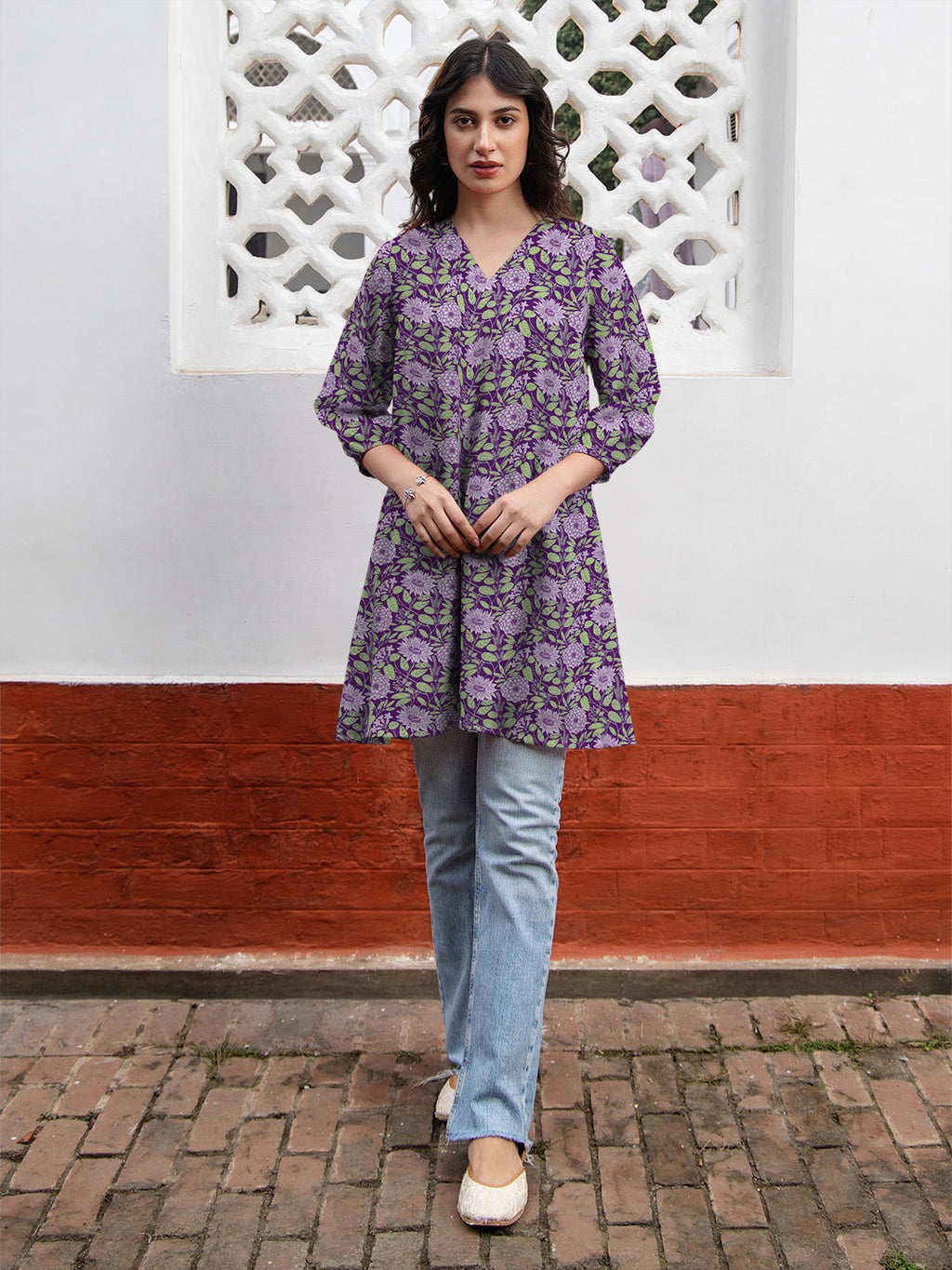 Janasya Dark Georgette Floral A-Line Tunic | Grocsy