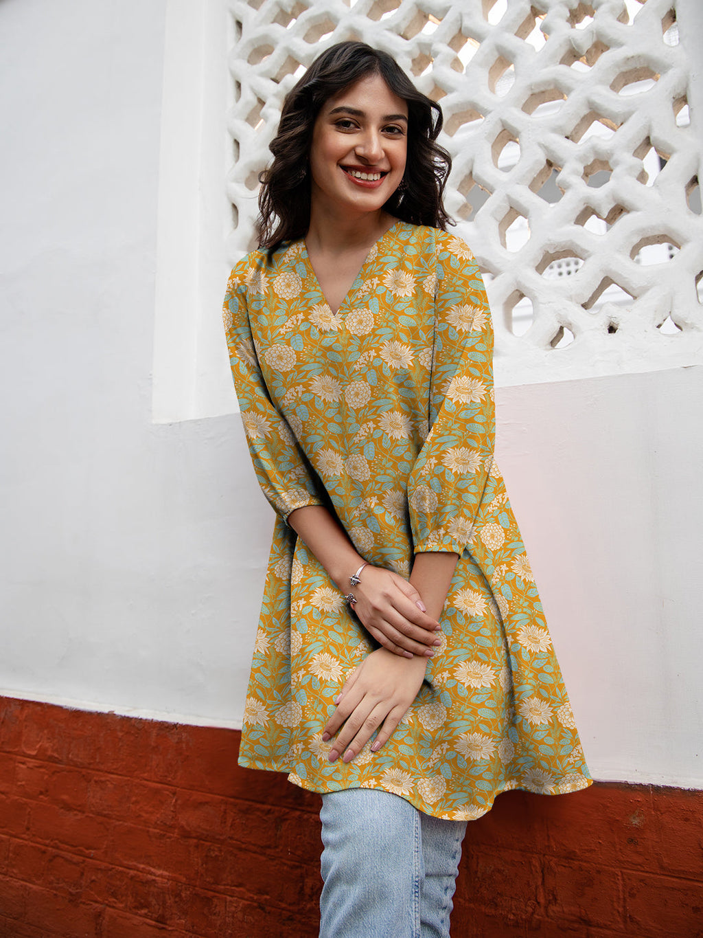 Janasya Dark Georgette Floral A-Line Tunic | Grocsy