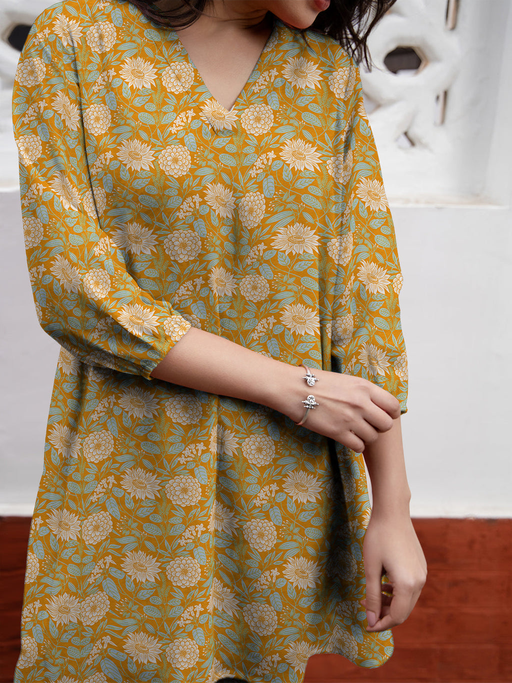 Janasya Dark Georgette Floral A-Line Tunic | Grocsy
