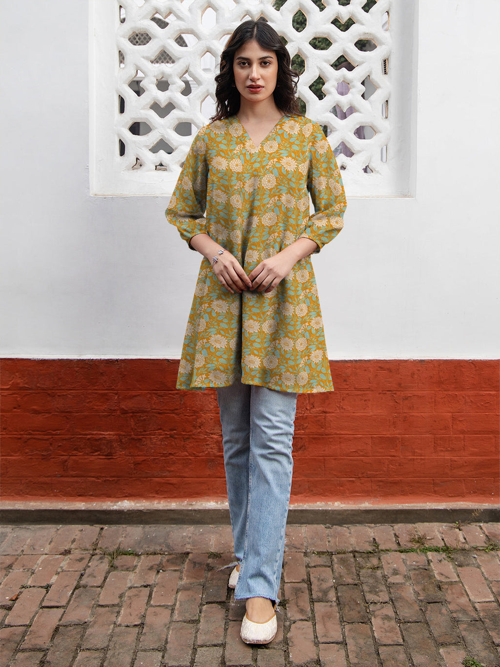 Janasya Dark Georgette Floral A-Line Tunic | Grocsy