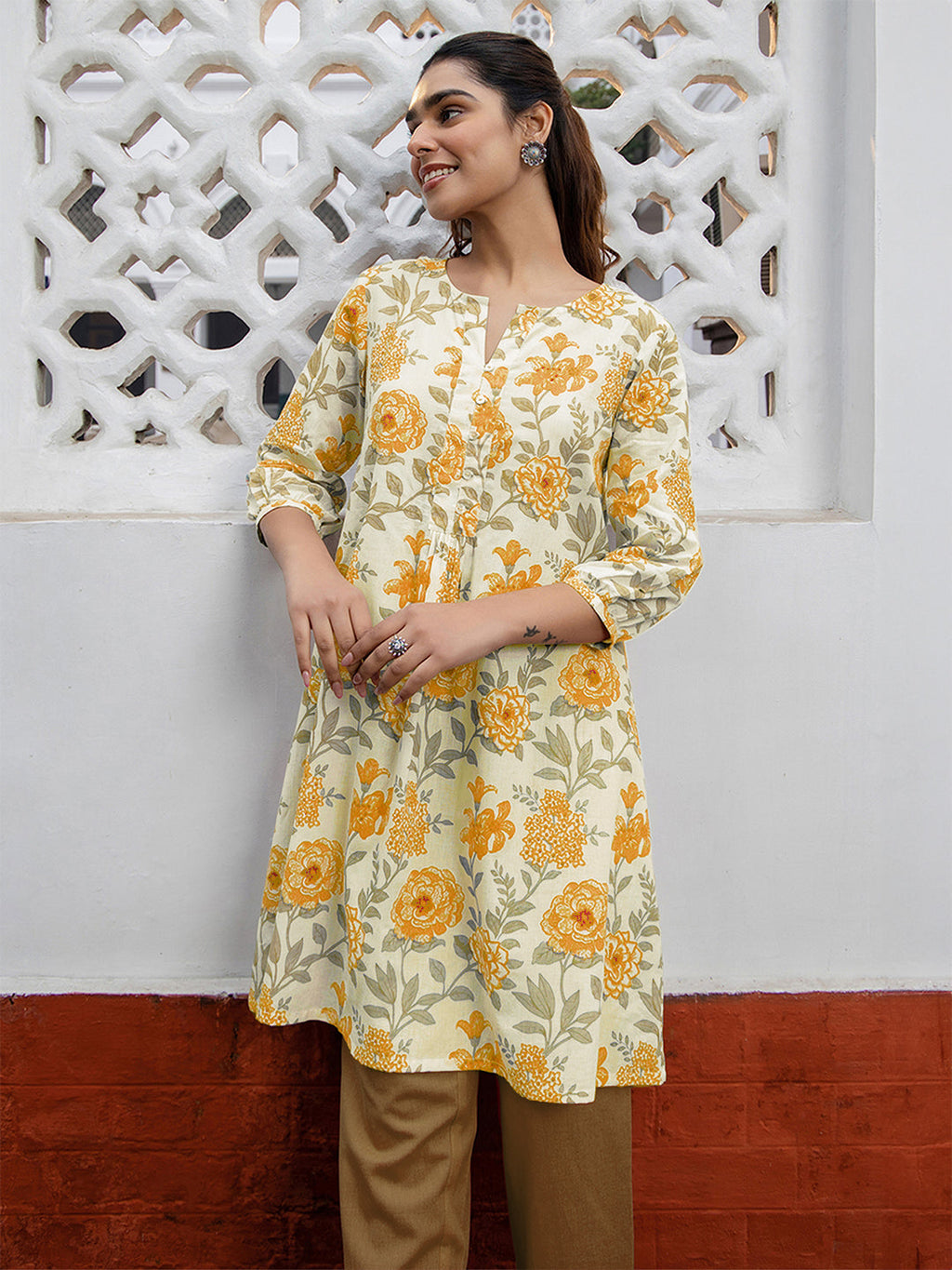 Janasya Light Cotton Floral A-Line Tunic | Grocsy