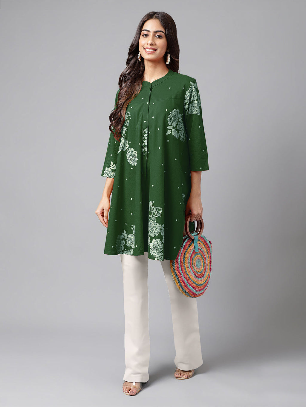 Janasya Bright Cotton Floral Flared Tunic | Grocsy