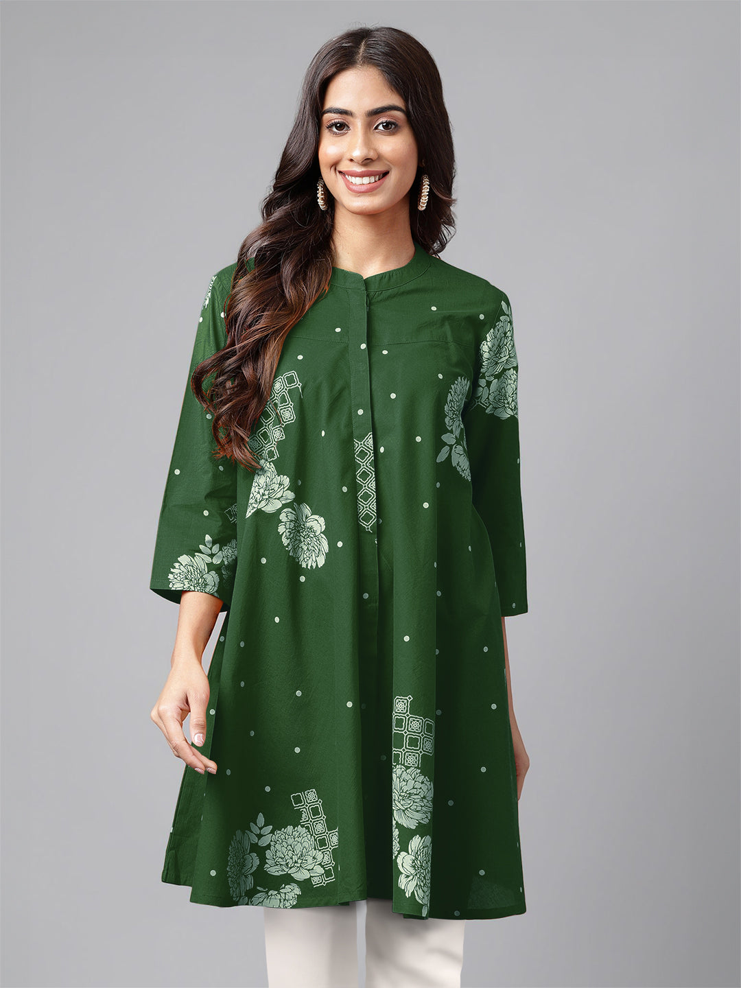 Janasya Bright Cotton Floral Flared Tunic | Grocsy