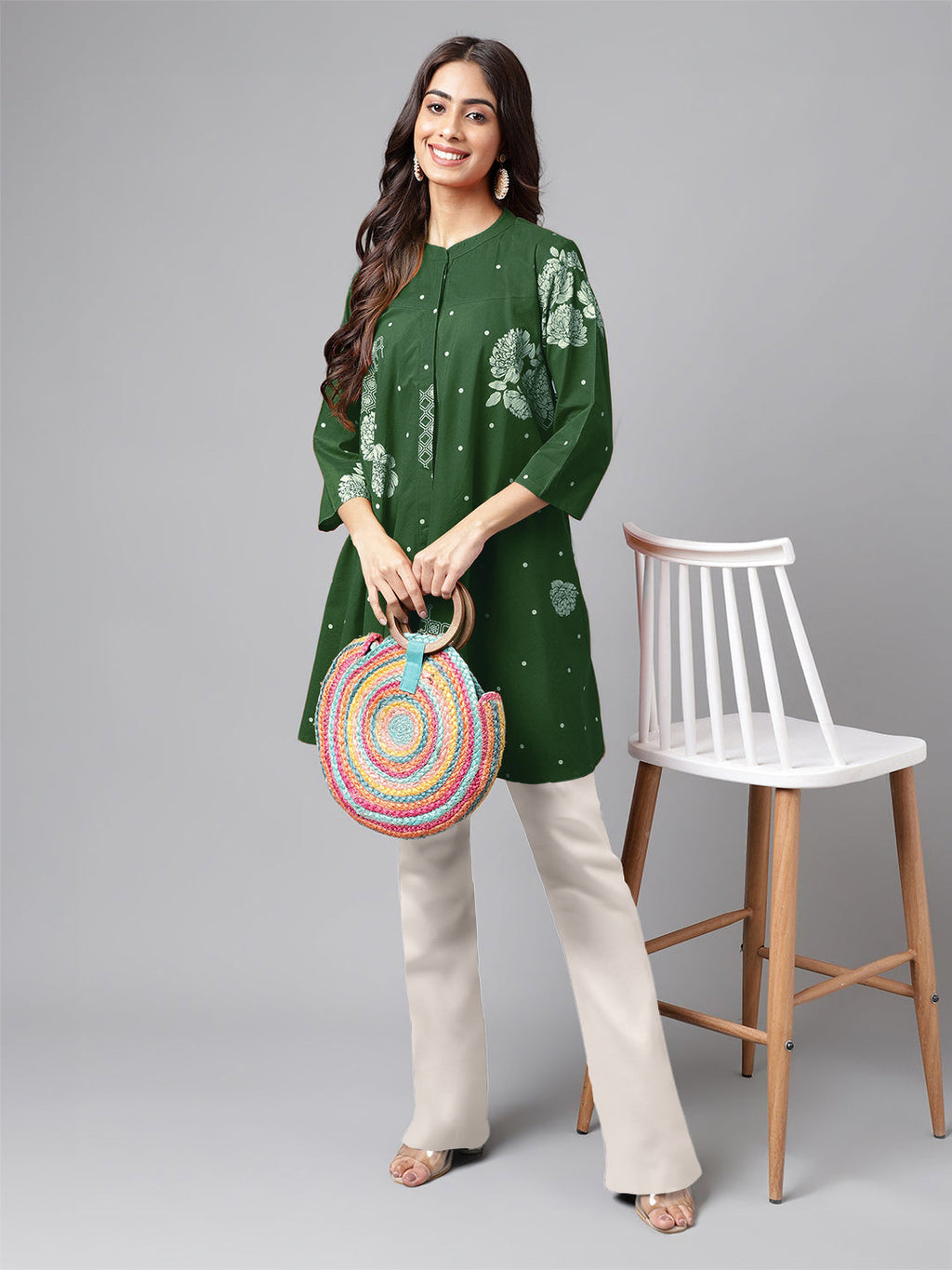 Janasya Bright Cotton Floral Flared Tunic | Grocsy