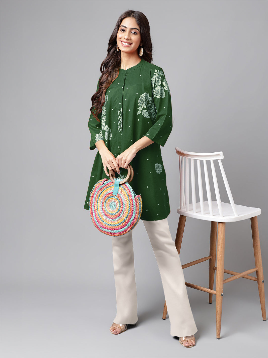 Janasya Bright Cotton Floral Flared Tunic | Grocsy