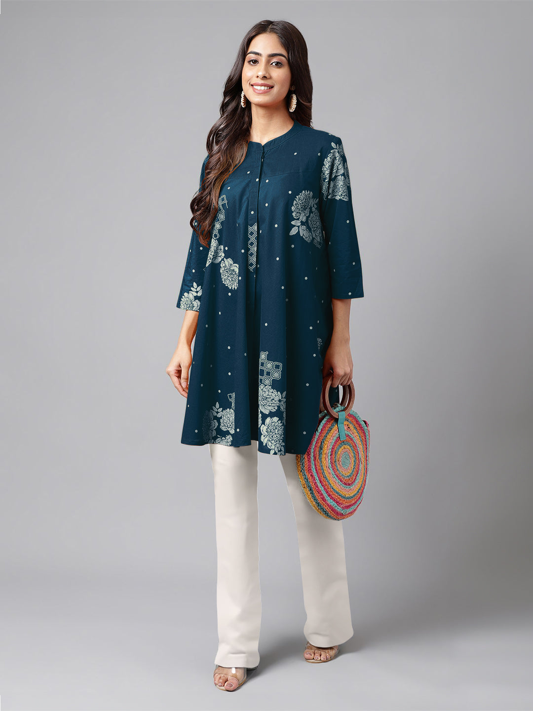 Janasya Bright Cotton Floral Flared Tunic | Grocsy