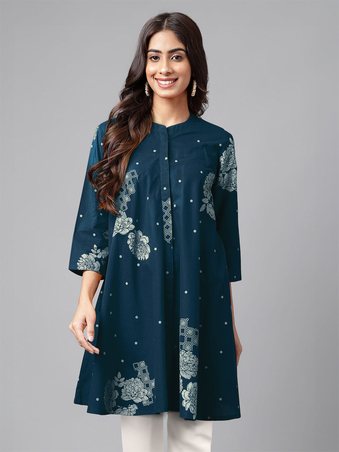Janasya Bright Cotton Floral Flared Tunic | Grocsy
