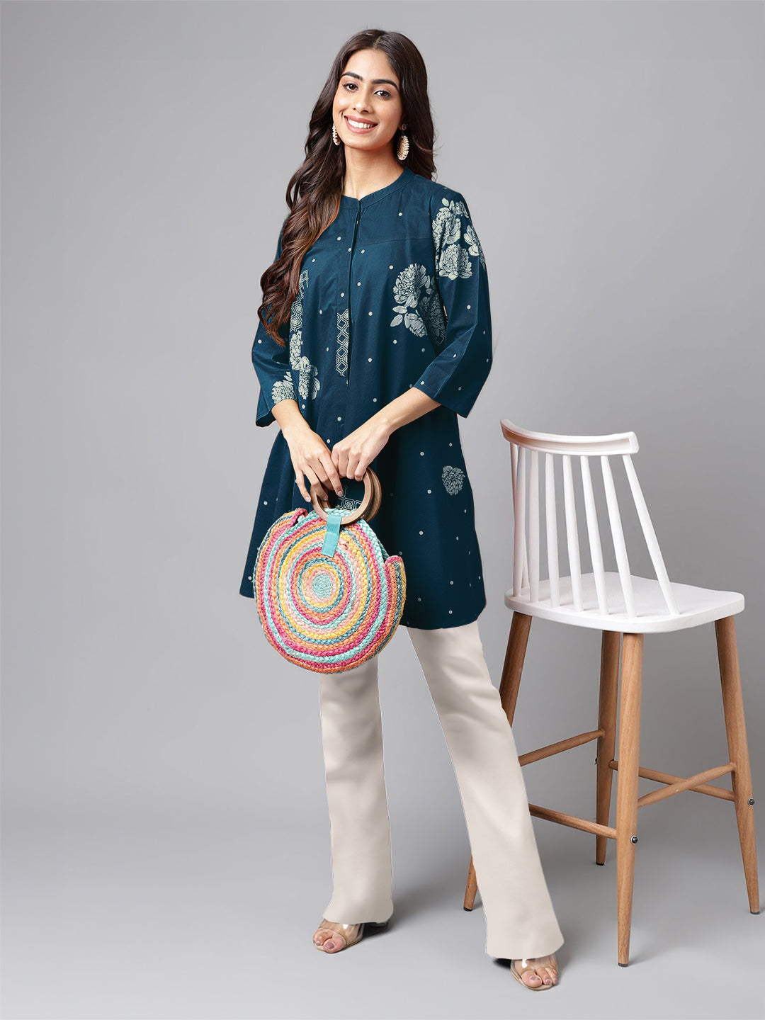 Janasya Bright Cotton Floral Flared Tunic | Grocsy