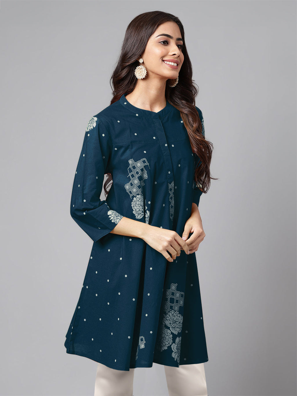 Janasya Bright Cotton Floral Flared Tunic | Grocsy