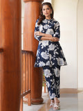 Janasya Dark Cotton Floral A-Line Top & Bottom Set | Grocsy