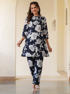 Janasya Dark Cotton Floral A-Line Top & Bottom Set | Grocsy