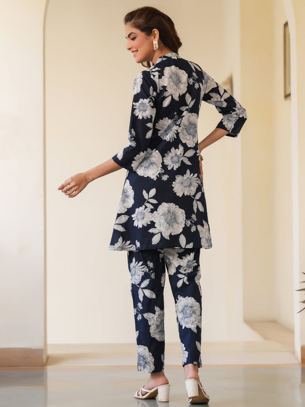 Janasya Dark Cotton Floral A-Line Top & Bottom Set | Grocsy
