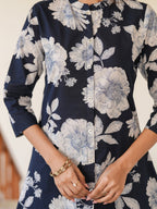 Janasya Dark Cotton Floral A-Line Top & Bottom Set | Grocsy
