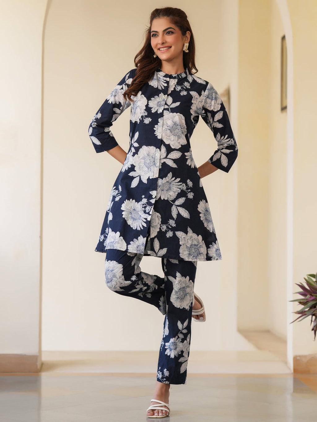 Janasya Dark Cotton Floral A-Line Top & Bottom Set | Grocsy