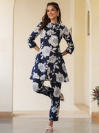 Janasya Dark Cotton Floral A-Line Top & Bottom Set | Grocsy