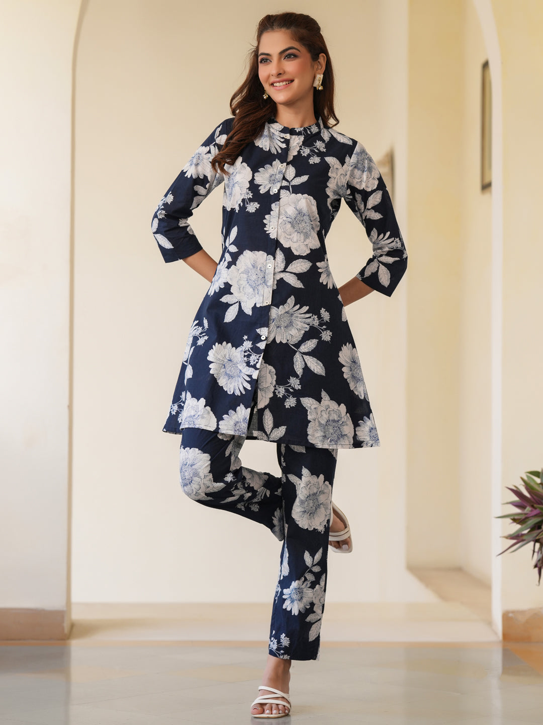 Janasya Dark Cotton Floral A-Line Top & Bottom Set | Grocsy