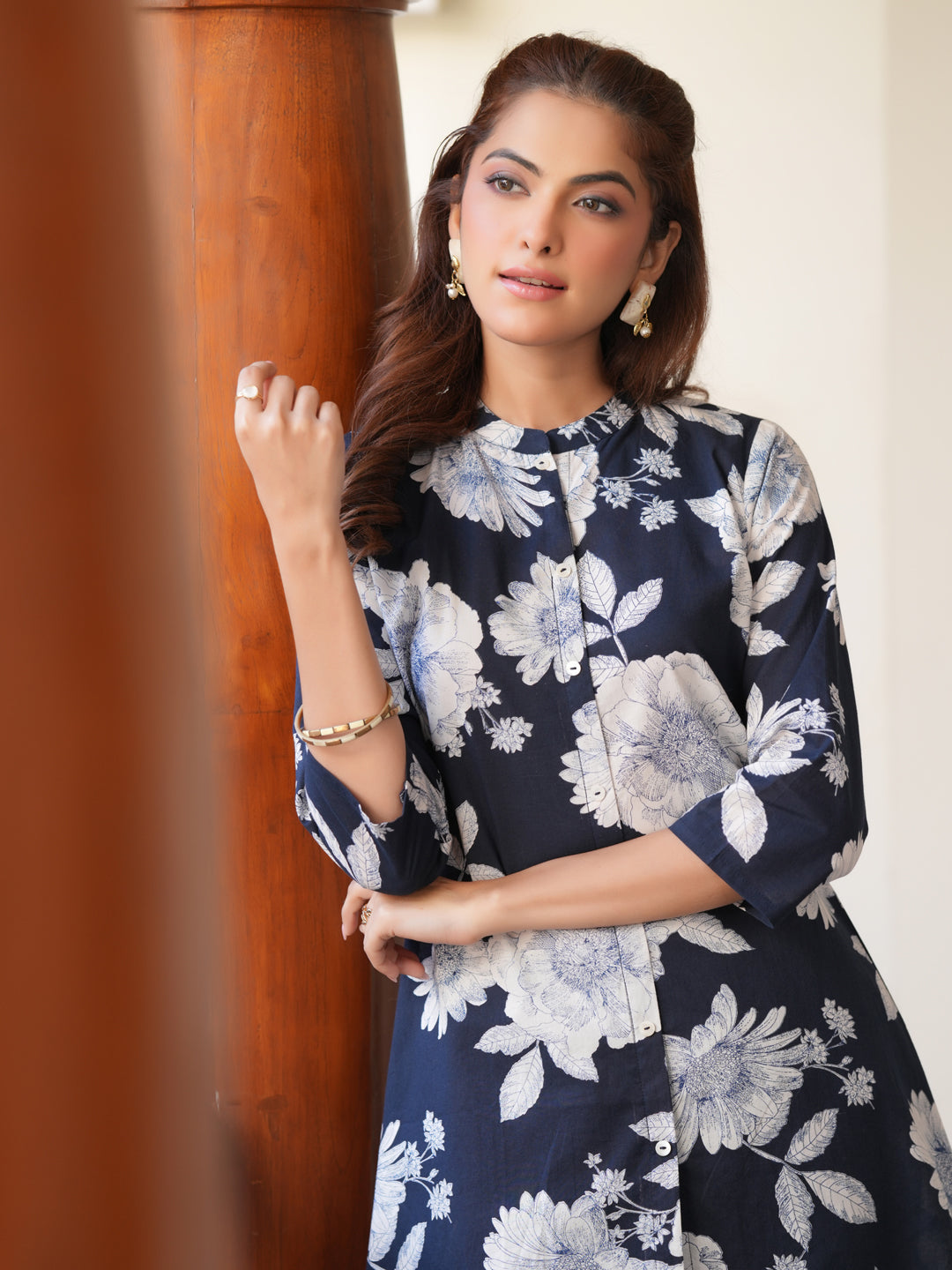 Janasya Dark Cotton Floral A-Line Top & Bottom Set | Grocsy