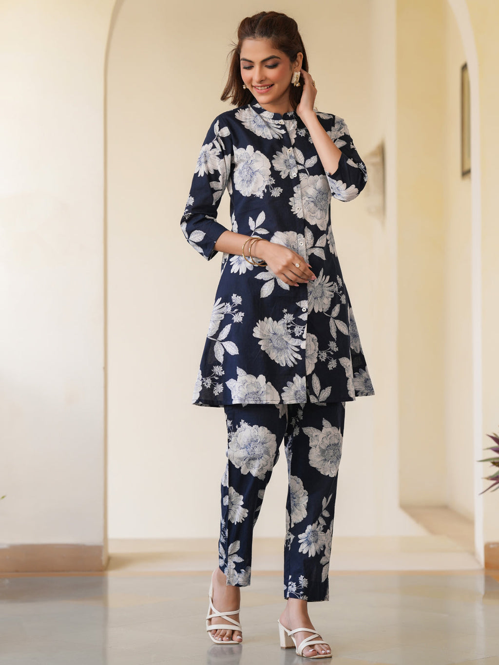 Janasya Dark Cotton Floral A-Line Top & Bottom Set | Grocsy