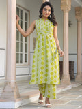 Janasya Bright Cotton Geometric A-Line Kurta Set | Grocsy