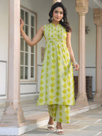 Janasya Bright Cotton Geometric A-Line Kurta Set | Grocsy