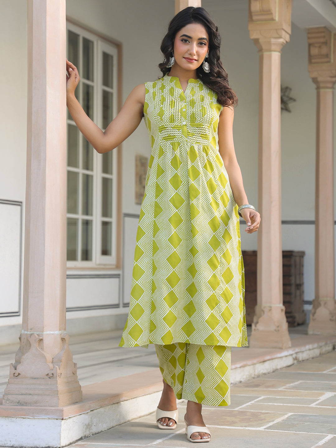 Janasya Bright Cotton Geometric A-Line Kurta Set | Grocsy